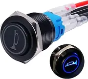 Twidec/16MM Raised Speaker Horn Momentary Push Button Switch 5/8" Mounting Hole 12V Blue Led Light Black Stainless Steel Shell 1NO 1NC SPDT with Pre-wiring Wires Switch For Car Modification BKG16LB-BU
