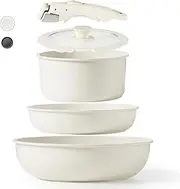 CAROTE Detachable Handle Cookware Sets, 5 PCS Nonstick Pots and Pans Set, Kitchen Induction Cookware Sets with Removable Handle, Stackable RV Cookware for Campers, Oven Safe (White)…