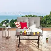 [LOKATSE HOME] 2 Pieces Patio Loveseat with X-Leg Coffee Table Outdoor Furniture Cushioned Conversation Set for Garden, Yard, Porch, Poolside, Grey