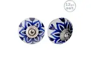 Nicola Spring Ceramic Cupboard Drawer Handle Knobs - Floral Design - Dark Blue Flower - Pack of 12
