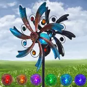 57 Inch Solar Wind Spinner Blue Metal Garden Decor with Multi Color Changing LED