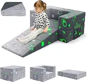 BIERUM Toddler Couch with Blanket,3-in-1 Luminous Kids Couches and Sofas Fold Out, Convertible Sofa to Playful Slide for Girls and Boys, Softer Kids Sofa Chair for Bedroom Playroom Shine in The Dark