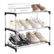 Fouews Small Shoe Rack, Narrow Stackable Shelf Organizer 3-Tier, Black