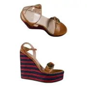 GUCCI Lifford cognac brown GG leather platform wedge sandals 9.5 39.5 authentic