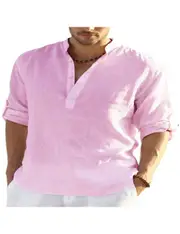 Men's Casual Cotton Linen Solid Color Long Sleeve Shirt Loose Stand Collar - Pink - Xl