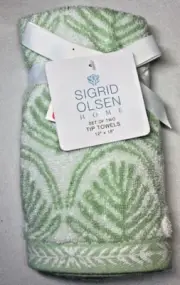 SIGRID OLSEN FINGERTIP TOWELS (2) WHITE GREEN 12 X 18 100% COTTON NWT
