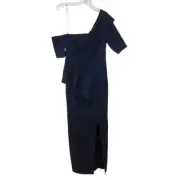 NWT Aidan Mattox Womens Size 6 Blue One Shoulder Metallic Maxi Dress Gown NEW