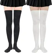 [ZPLxi] 2 Pairs Thigh High Long Socks Over the Knee Striped Knit Stocking Stretchy Non-Slip Leg Warmer Compression Sock for Women Girls Sport Casual