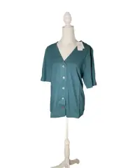 Pure Jill Womens Size 2X Hemp & Cotton Button Front Top Green Elbow Sleeves NWT)