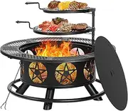 OutVue 36 Inch Fire Pit with 2 Grills, Wood Burning Fire Pits for Outside with Lid & Poker, BBQ& Outdoor Firepit & Round Metal Table 3 in 1 for Patio, Picnic, Party