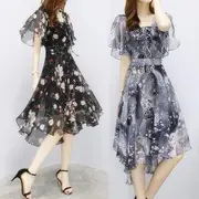Short-Sleeve Floral Print Midi Chiffon Dress Gray - M