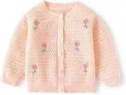 [JAYPEIER] Cute Toddler Flower Embroidery Thin Knitted Cardigan, Newborn Baby Girl's Cotton Button Front Top Clothes Sweater Coat
