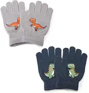[QTMMC] 2 Pairs Kids Gloves Knit Winter Thermal Children'S Magic Gloves Dinosaurs Pattern Full Fingers Knitted Thermal Gloves Stretch Soft Warm Mittens for Boys Girls Ages 4-11 Years, Navy and Gray,