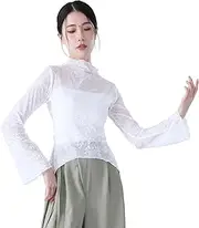 [Angcoco] Women's Cowl Neck Flared Long Sleeves Sheer Tops