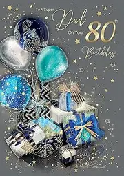 Cherry Orchard Dad 80th Happy Birthday Card with Presents and Ballloons Design with Gold Foil Detailing and Gold Envelope from (EL408)