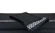 Queen Black Silky Satin Bed Sheet Set: White Embroidered Animal Mosaic Desgn