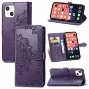 For iPhone 13 Case,Mandala Emboss PU Leather Wallet Cover,Lanyard,Purple