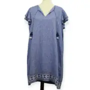 Vineyard Vines Linen Embroidered Fringe Peasant Flutter Sleeve Shift Dress XL