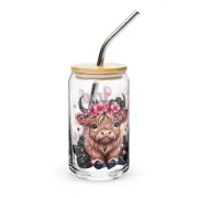 Highland Cow Ice Coffee Addict Libbey Can, Glass Cup with Bamboo Lid & Straw