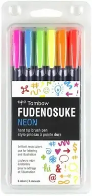 Tombow 56437 Fudenosuke Neon Brush Pen, 6-Pack. Hard Tip Fudenosuke Brush Pens