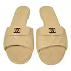 Chanel REV Beige Turnlock Quilted Gold CC Logo Mules Slide Sandal Flop Flat 35