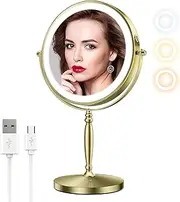 Matekxy 8" Makeup Mirror with Lights, 1X/10X Magnifying Rechargeble Double Sided Standing Vanity Mirrors with 360°Rotation|3 Colors Brightness Adjustable|Touch Sensor Dimming-Gold