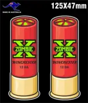 ZOMBIE WINCHESTER SHOTGUN SHELL STICKERS X2 FOR WELDER TOOLBOX MANCAVE FRIDGE