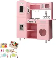 Keezi Kids Kitchen Set 29pcs Pretend Play Food Playset Wooden Toys Mud Kitchens Children Cooking Cookware Sets Toy Home Cubby House Furniture for Boys Girls, with Removable Sink Pink