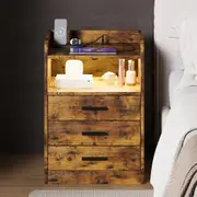 Advwin Bedside Table 3 Drawers Nightstand RGB LED Side Table with Charging Station Brown