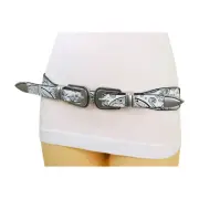 Women White Elastic Comfortable Belt Paisley Print Double Western Buckles S M