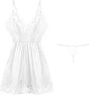 [Generic] Women's Lace Suspender Short Nightdress Sexy Deep V Satin Spaghetti Strap Pajamas Temptation Erotic Soft Thin Sleepwear (White,Large), White, Large