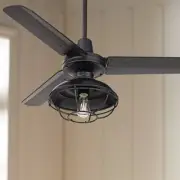44" Plaza Industrial Indoor Outdoor Ceiling Fan with LED Light Remote Black Cage