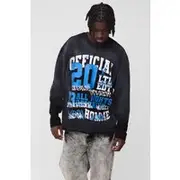 Mens Black Oversized Reverse Loopback Official Print Long Sleeve Spray Wash T-Shirt