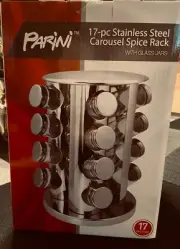 PARINI 17-PC STAINLESS STEEL CAROUSEL SPICE RACK W/ GLASS JARS ~ NEW IN BOX