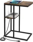 C Shaped End Table with Charging Station for Living Room, Bedroom, Sofa Table wi