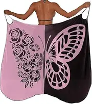 [Generic] Women’s Swimsuit Cover Up, Butterfly Print Color Block Long Beach Dress Swimsuit, Mesh Spaghetti Strap Wrap Beachwear