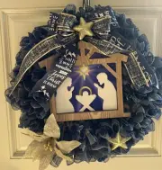 Christmas Indoor Outdoor Front Door Wreath Nativity Navy Plaid Lights Up