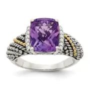 Sterling Silver 14K Accent Antiqued Cushion Cut Amethyst & Diamond Ring Size 8