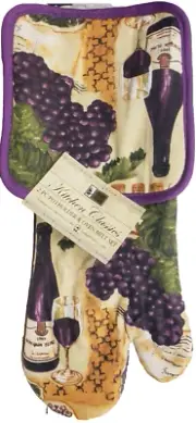 2 pc Set: 1 Oven Mitt & Pot Holder, WINE BOTTLE, GLASS & GRAPES, purple back, BH