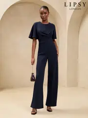 Navy Cross Front Flutter Sleeve Jumpsuit (AK1816) | $63