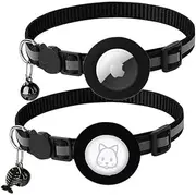 2 Pack Cat Collar Breakaway with Airtag Holder Adjustable Reflective AirTag Cat Collar with Bell Integrated Kitten Collar GPS Cat Collars Tracker for Girl Boy Cats Puppies (Black)