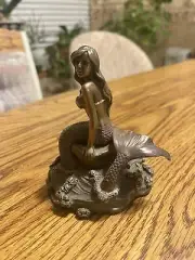 Art Nouveau Bronze Colored Mermaid On Rock Figurine