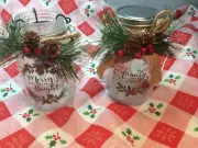 Pair Christmas Holiday Light Up / Candle Decorated Mason Jars