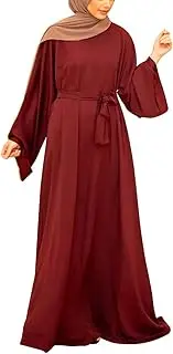 [QYUU] Women's Muslim Kaftan Abaya Dress Long Sleeve Self Tie Maxi Dress Middle East Arabian Robe Gown