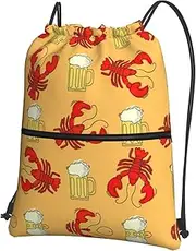 EdWal Beer And Crawfish Pattern Print Drawstring Backpack Gym Bags Sports Bags With Zipper Pocket For Travel Beach, Black, One Size