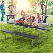 Costway Folding Picnic Table with 2 Benches with Metal Frame and All-Weather ...