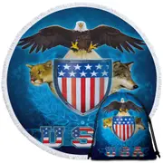 USA Trinity Eagle Leopard Wolf Round Beach Towel