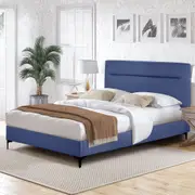 Familand Queen Size Platform Bed Frame Upholstered Headboard in Blue