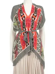 Stripe & Leaf Print Silk Short Sleeve Blouse