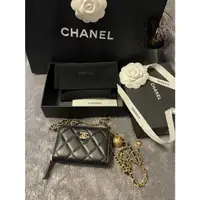 在飛比找蝦皮購物優惠-精品 Chanel 黑色 金球鍊 小羊皮 ㄇ字 拉鍊 卡片 